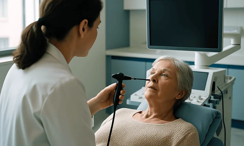 Doctor examining elderly woman with endometrial health concern in hospital.