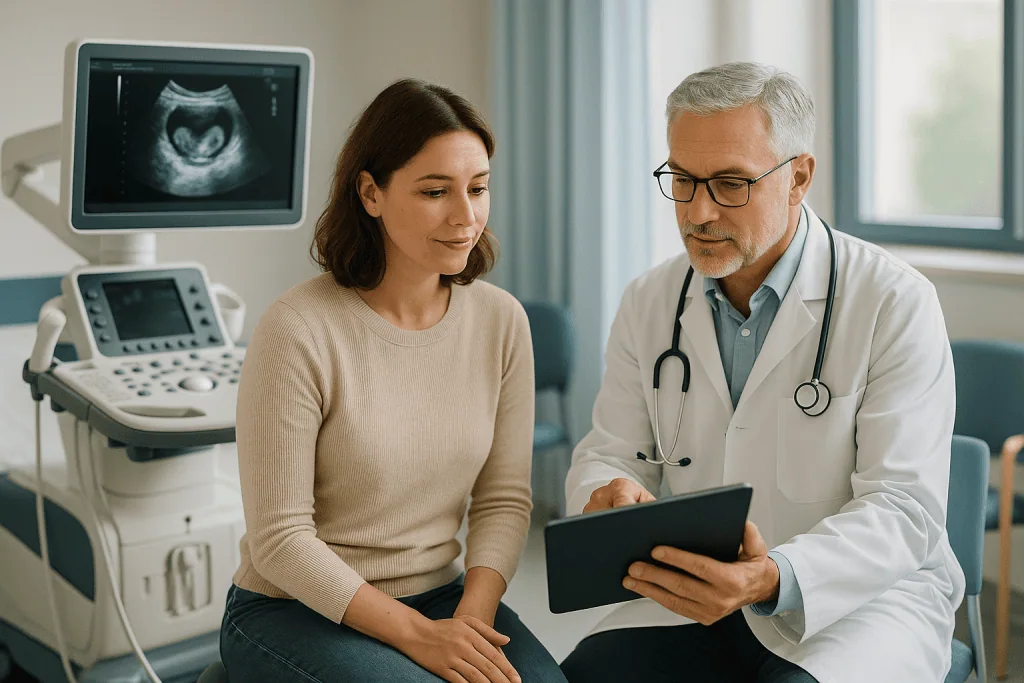 Endometriosis 1 Doctor explaining ultrasound results to a patient in a medical clinic.
