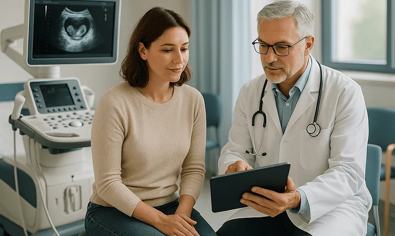 Doctor explaining ultrasound results to a patient in a medical clinic.