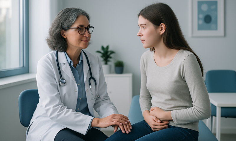 Doctor consulting with teenage patient in a medical office.