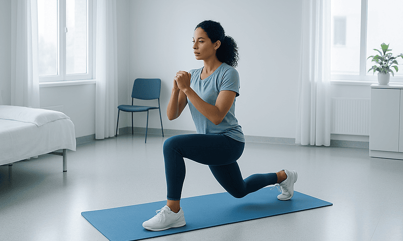 Woman doing lunges in a bright, clean room for post-surgery recovery.
