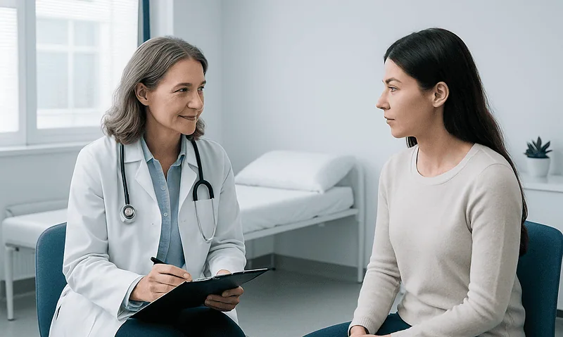 Doctor consulting with a patient in a medical office setting.