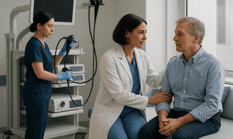 Doctor consulting with a patient in a hospital room with medical equipment.