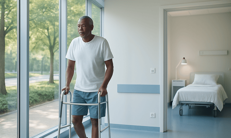 Patient walking with walker in hospital room after endoscopic disc surgery.