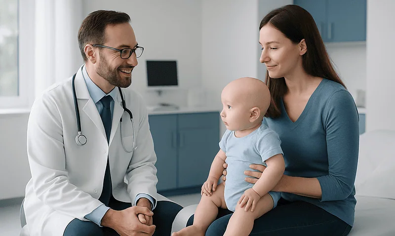 Pediatric consultation at Acibadem Hospital with doctor and mother with child.