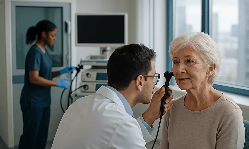 ENT doctor examines elderly woman's ear in a medical clinic.