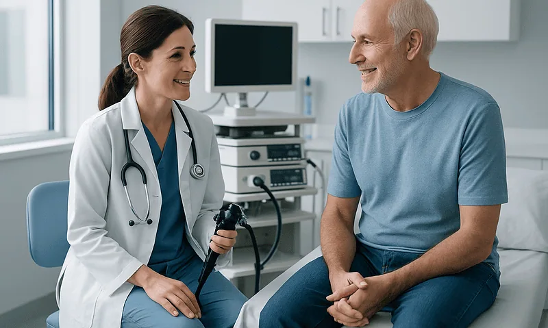 Doctor and patient discussing endoscopy procedure in clinic.