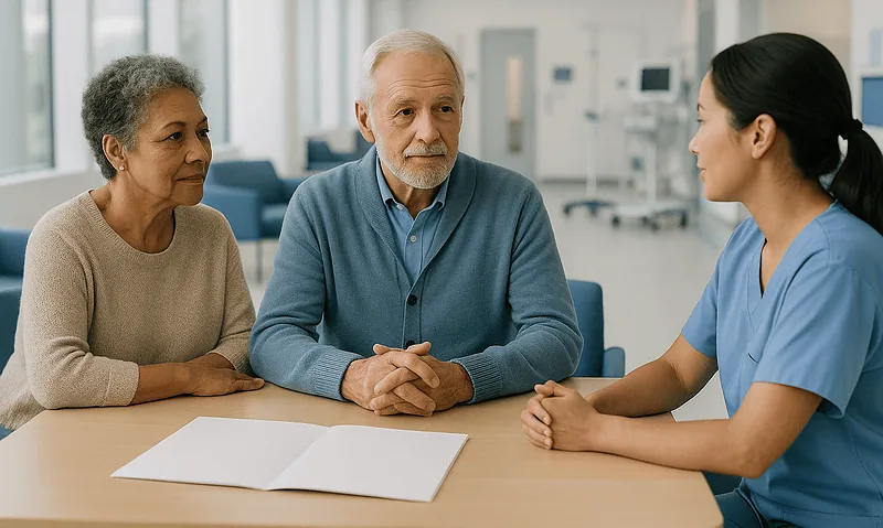 Doctor consulting elderly couple in hospital setting for endoscopy procedure.