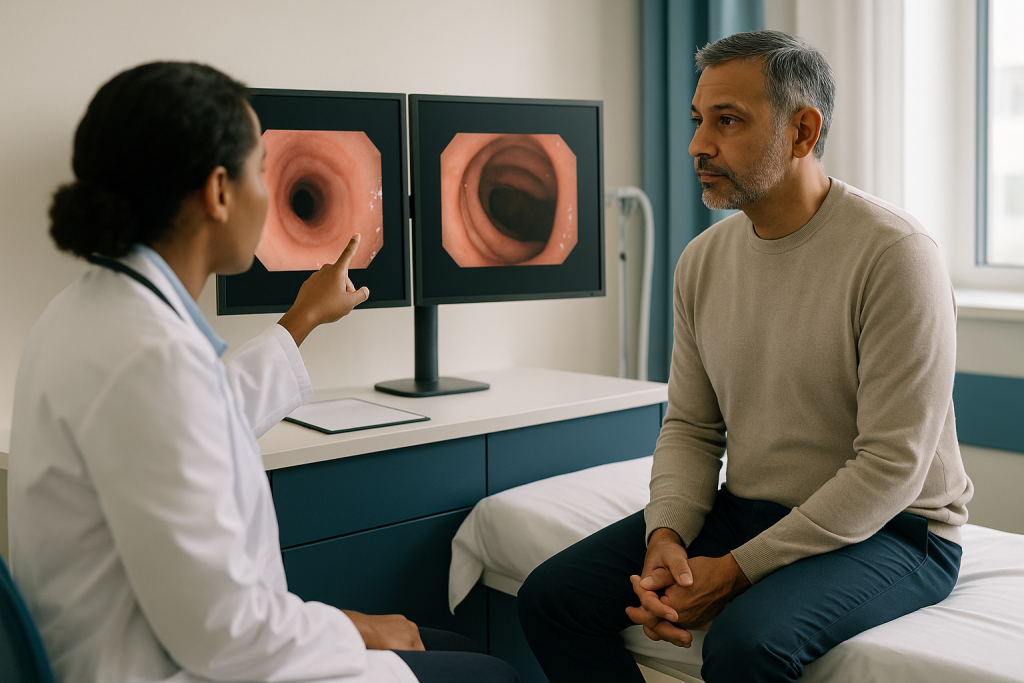 Doctor reviewing endoscopy/colonoscopy images with patient: Endoscopy vs colonoscopy: what each scope actually looks at