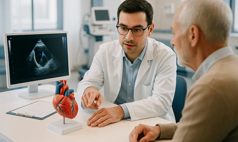 Cardiologist explains ultrasound scan to elderly patient in clinic.