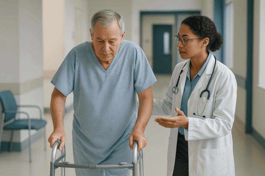 Elderly male patient with walker consulting female physician: Endovascular surgery recovery time: the typical timeline at a 