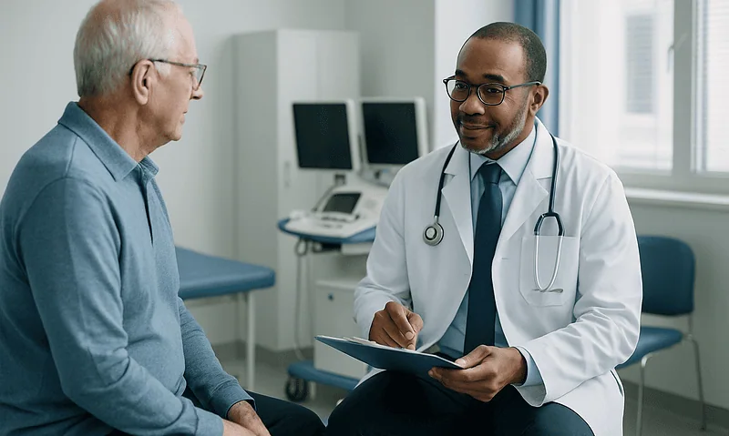 Doctor consulting with elderly patient in a medical office.