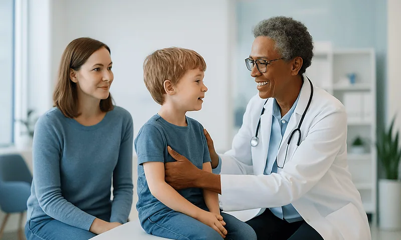 Pediatric ENT consultation at Acibadem Hospital with doctor and young patient.