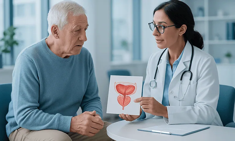 Urologist explaining prostate health to an elderly patient with a model of the prostate.