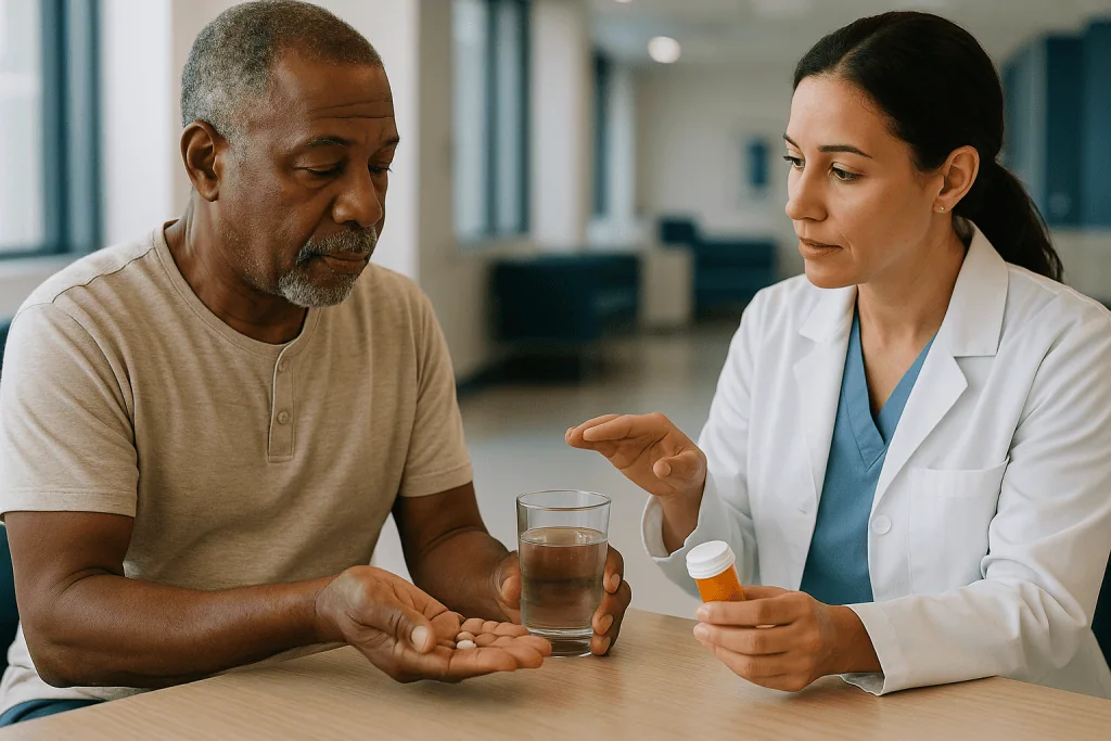 Doctor discussing medication with middle-aged male patient: Enlarged prostate medication: how alpha-blockers and 5-alpha red