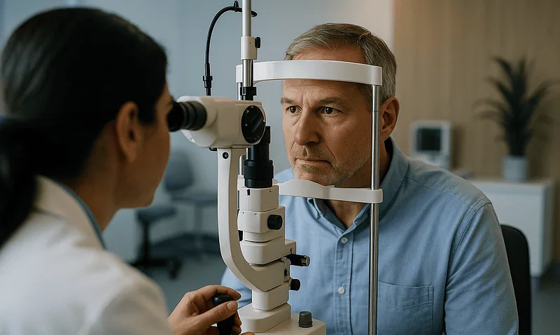 Ophthalmologist examining a patient's eye with a slit lamp in a clinic setting.