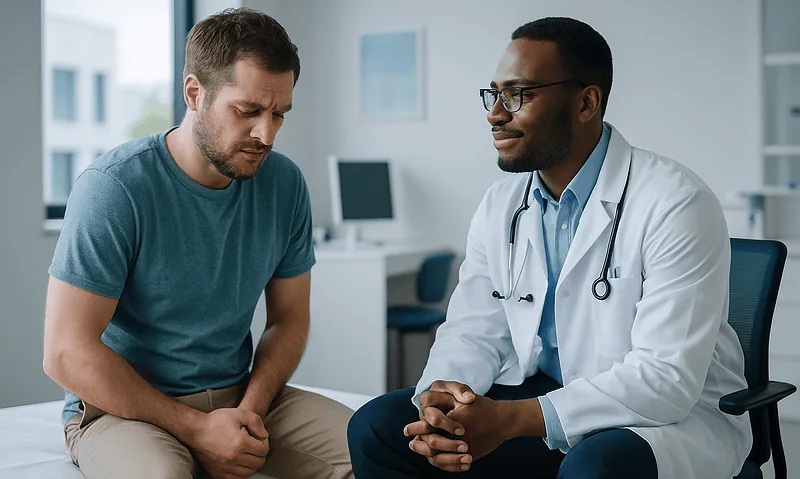 Doctor consulting with male patient in a modern medical office.