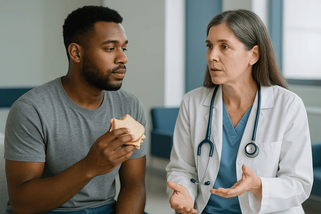 Doctor consulting male patient holding sandwich — Epididymitis causes: why bacteria are the usual culprit