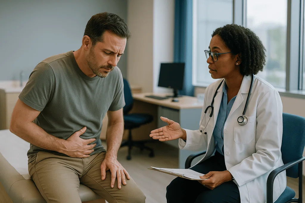 Doctor consulting male patient about abdominal pain: Epididymitis complications: what can happen if it is left untreated