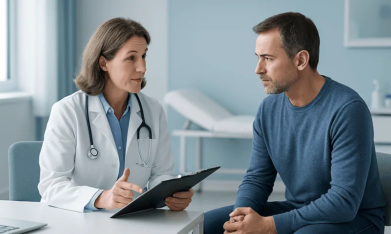Doctor consulting male patient in a medical office setting.