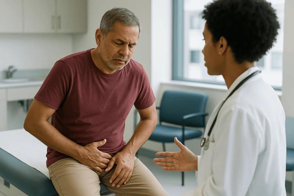 Male patient consulting doctor about abdominal pain — Epididymitis symptoms: what the first day or two usually feels like