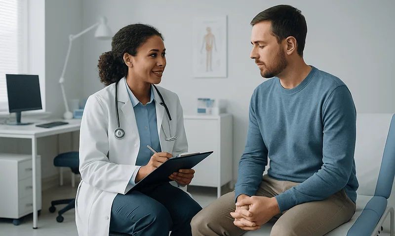 Doctor consulting male patient in a medical office setting.