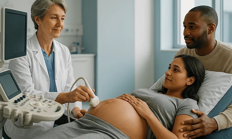Doctor performing an ultrasound on a pregnant woman with her partner present.
