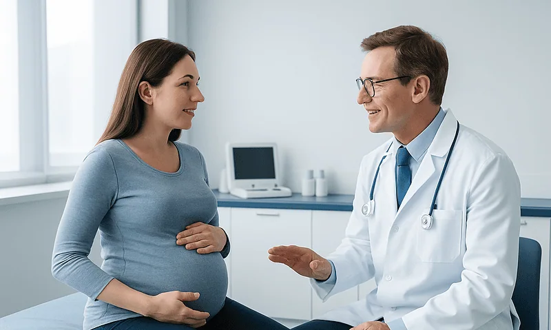 Pregnant woman consulting with a doctor in a medical office.