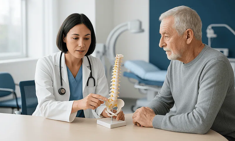 Doctor explaining spinal anatomy to patient in medical consultation room.