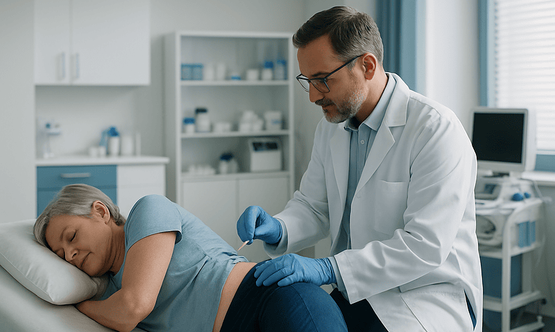 Doctor administering epidural injection to a patient in a clinical setting.