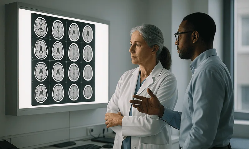 Doctors analyzing brain scan images in a hospital setting.