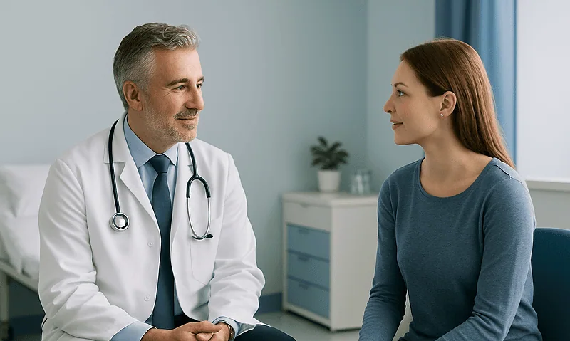 Doctor consulting with a young female patient in a medical office.