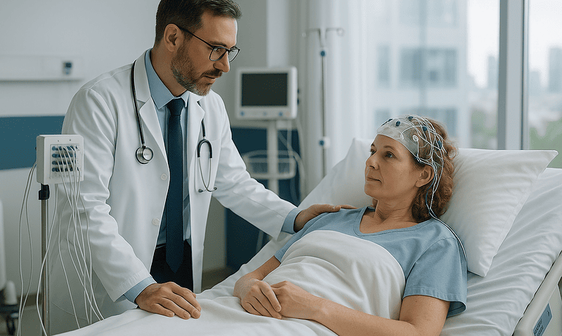 Doctor consulting with a female patient in a hospital bed.