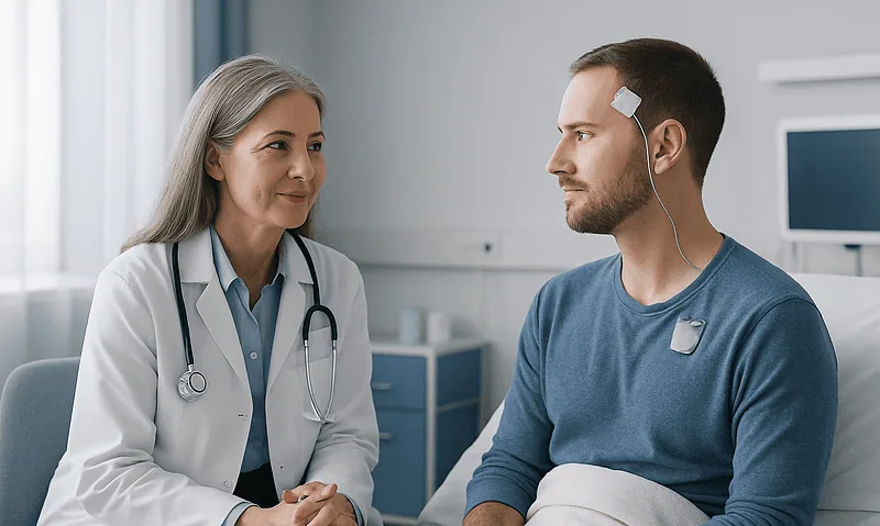 Doctor consulting with a patient in a hospital room.