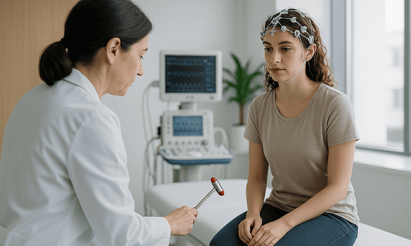 Doctor explaining epilepsy diagnosis to young female patient in clinic.