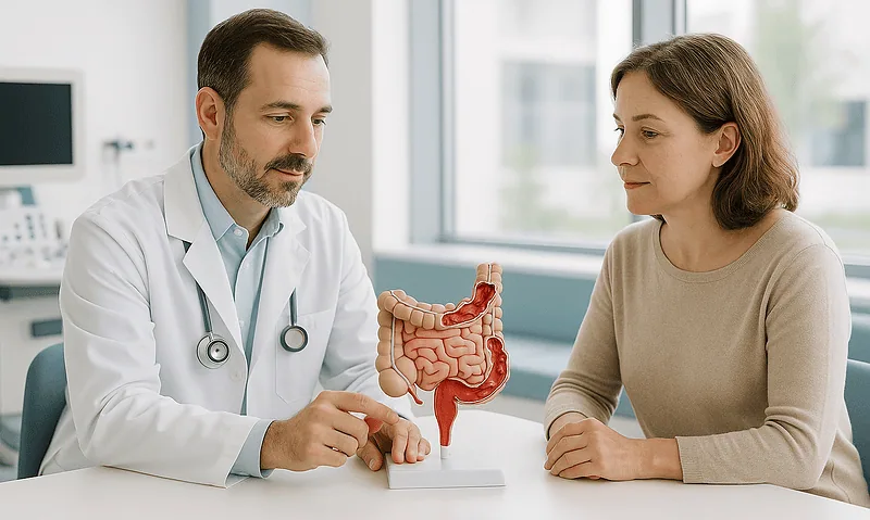 Doctor explaining colon anatomy to patient during consultation at Acibadem Hospital.