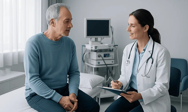 Doctor consulting with an elderly male patient in a hospital room.