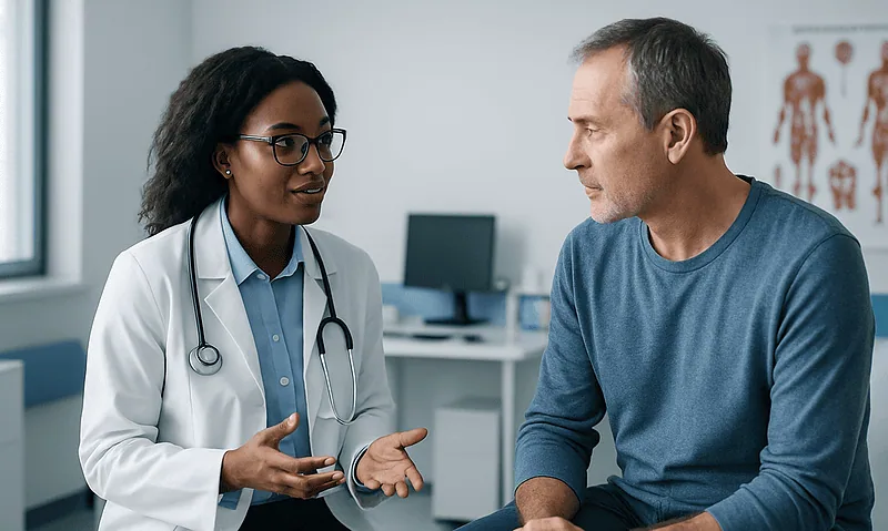 Doctor consulting with middle-aged male patient in clinic setting.