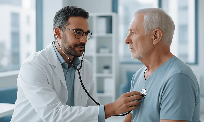 Doctor examining senior patient with stethoscope in clinic.