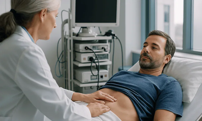 Doctor examining a patient with stomach discomfort in hospital.