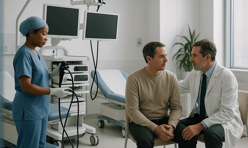 Doctor consulting with patient in hospital room with medical equipment.