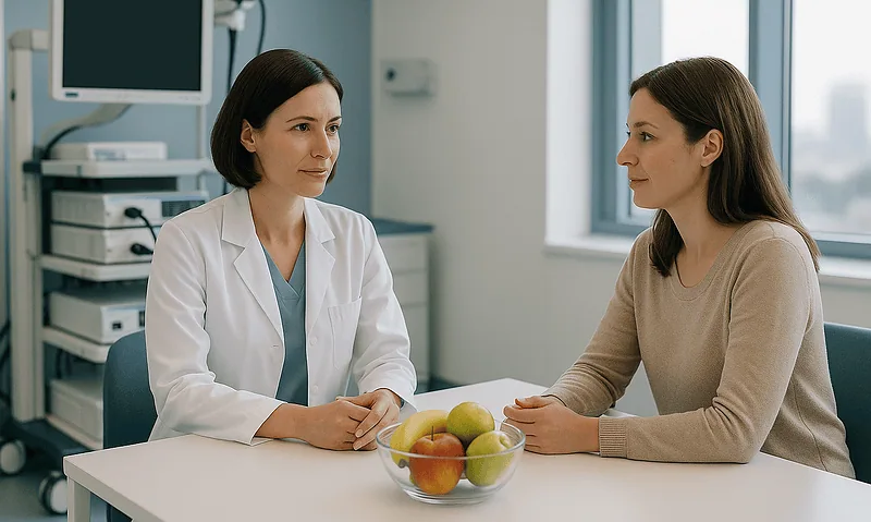 Doctor consulting with a patient in a medical office with apples on the table.