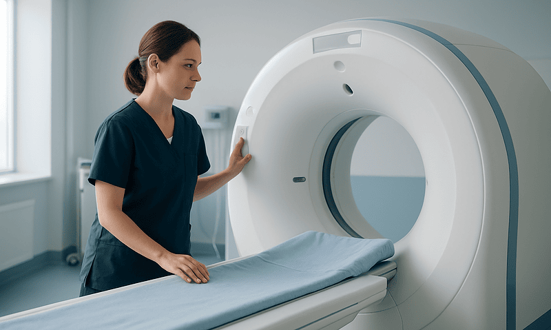 Medical professional preparing MRI scan in hospital setting.