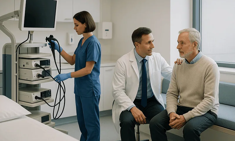 Gastroenterologist preparing endoscopy equipment in hospital room.