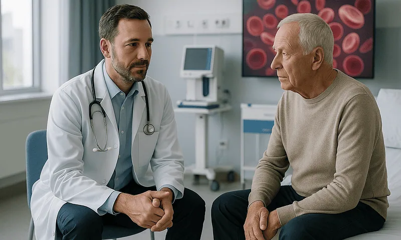 Doctor consulting with an elderly patient in a hospital room.