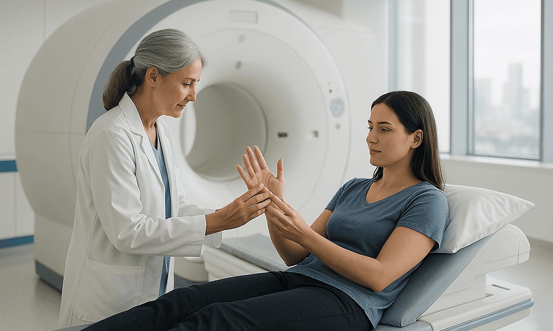 Doctor examining patient's hand in a medical imaging room at Acibadem Hospitals.