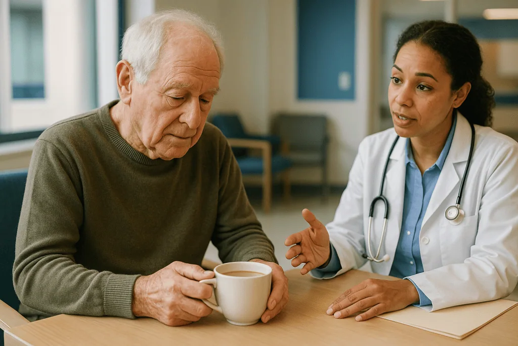 Doctor consulting elderly patient over coffee: Essential tremor or Parkinson's? How specialists tell them apart