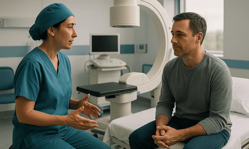 Doctor consulting with male patient in hospital room for ESWL treatment.