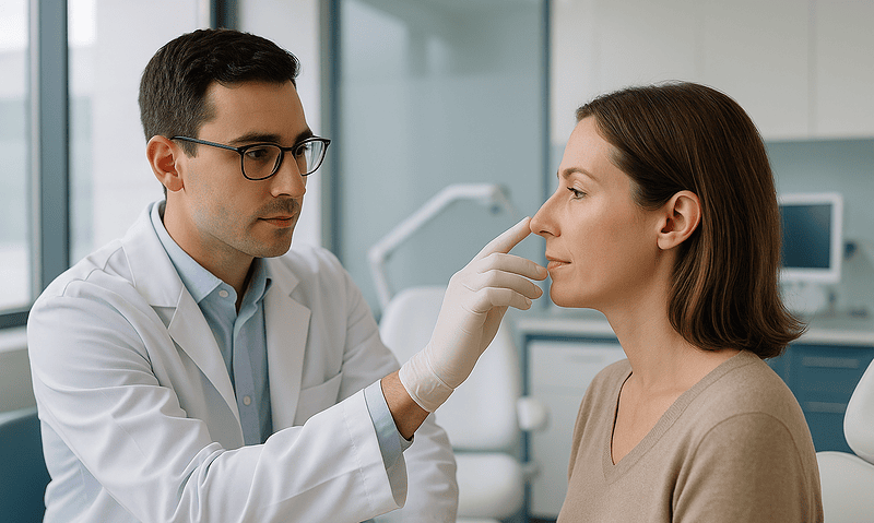 Doctor examining woman's nose in a clinical setting for ethnic rhinoplasty.