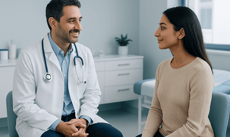 Doctor consulting with a patient in a modern clinic setting.
